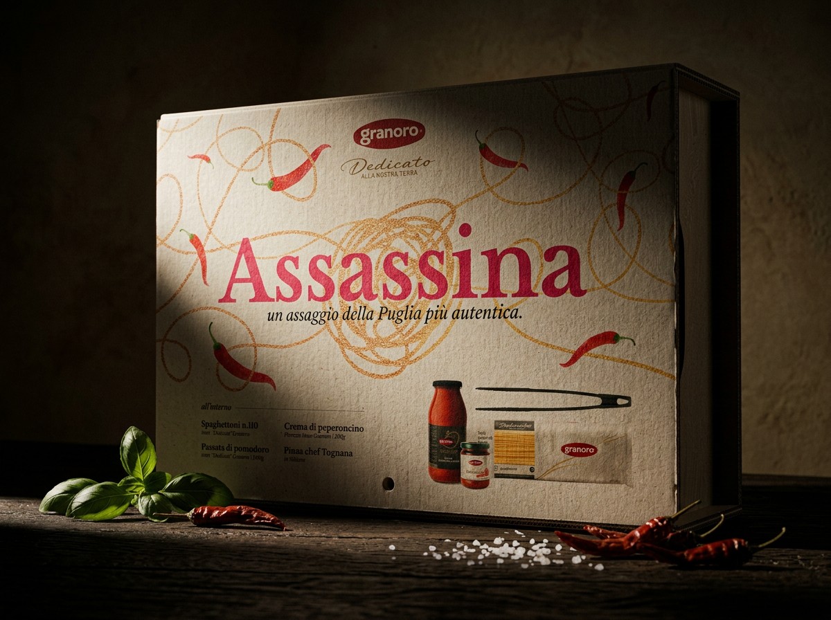 La box Spaghetti all'assassina vista di fronte, con peperoncini secchi e basilico