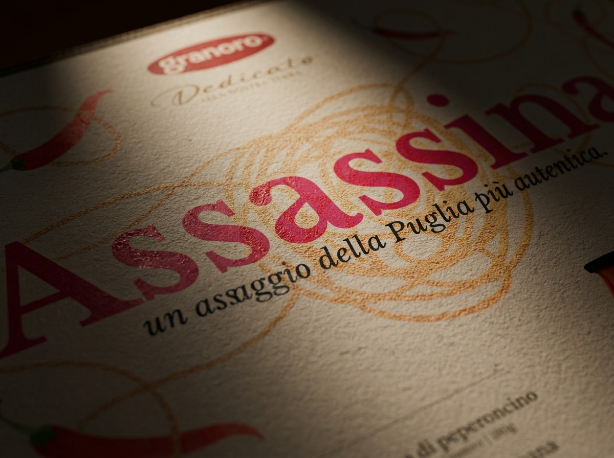 Dettaglio del lettering Assassina sulla carta materica della box