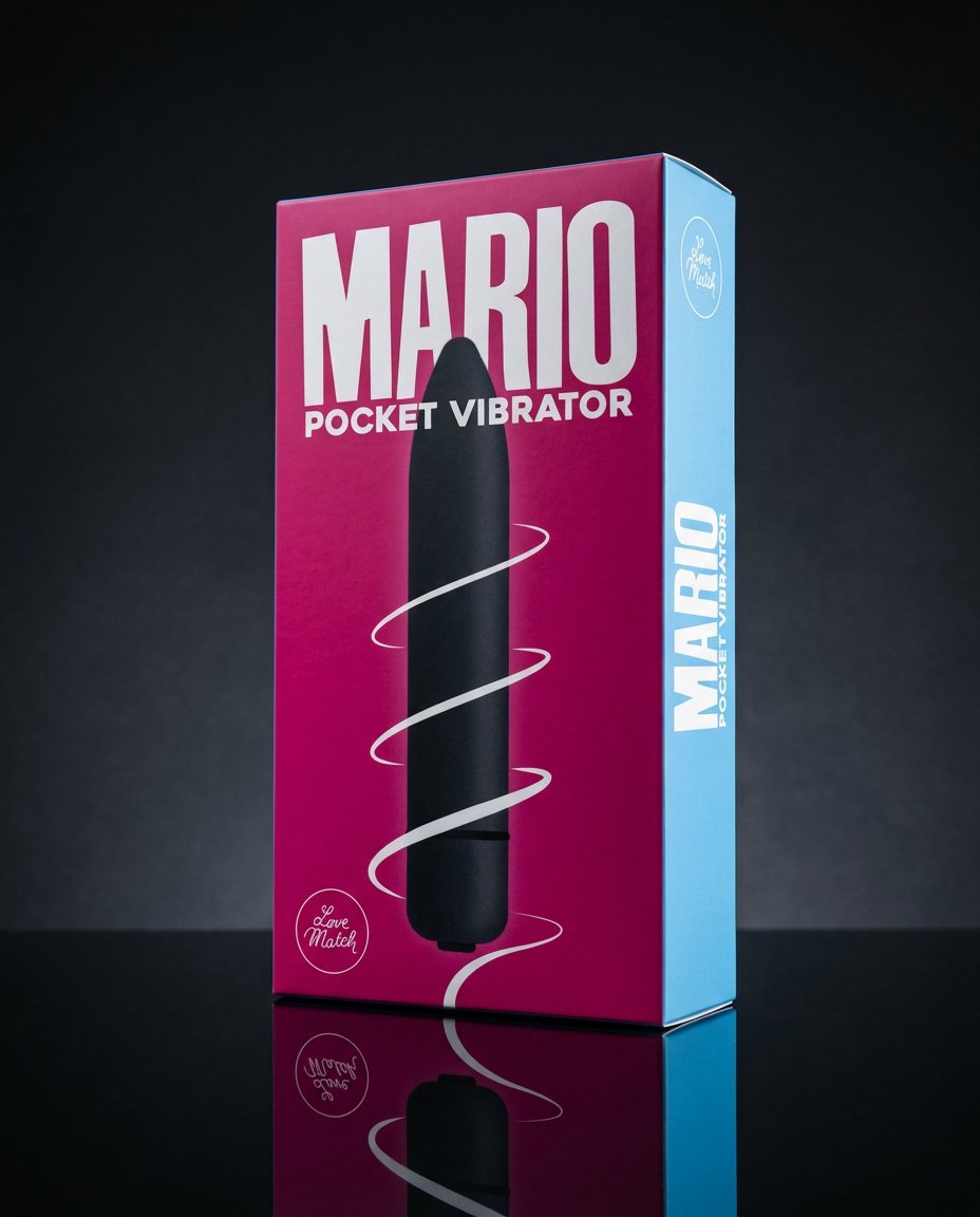 La scatola Mario Pocket Vibrator, magenta e azzurra, su fondo scuro